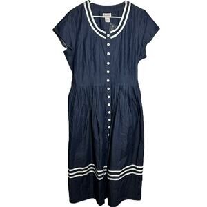 Lanz of Salzburg Nightgown 100% Cotton Dress Pockets Button Striped Navy L NWOT